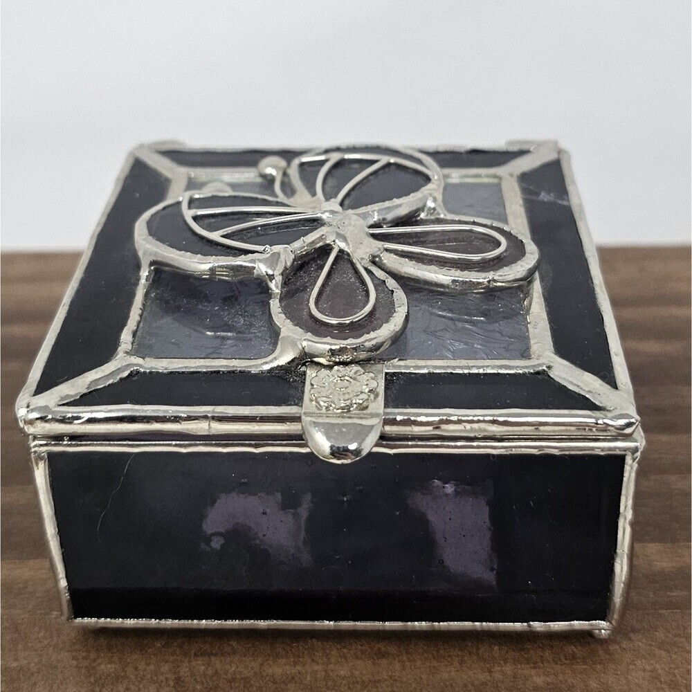 Butterfly Stained Glass Trinket Box Mirror Base Chain Hinged Lid Multicolor 3x3"